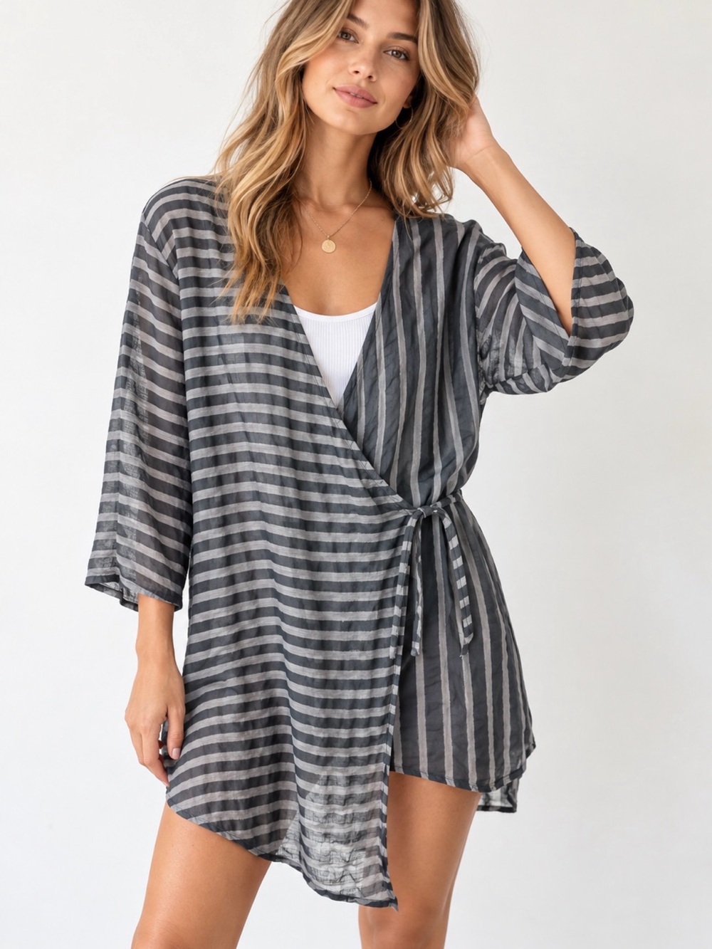 Gudrun Sjoden Bomull Cotton Striped Wrap Tunic Lagenlook Scandinavian Boho Artsy
